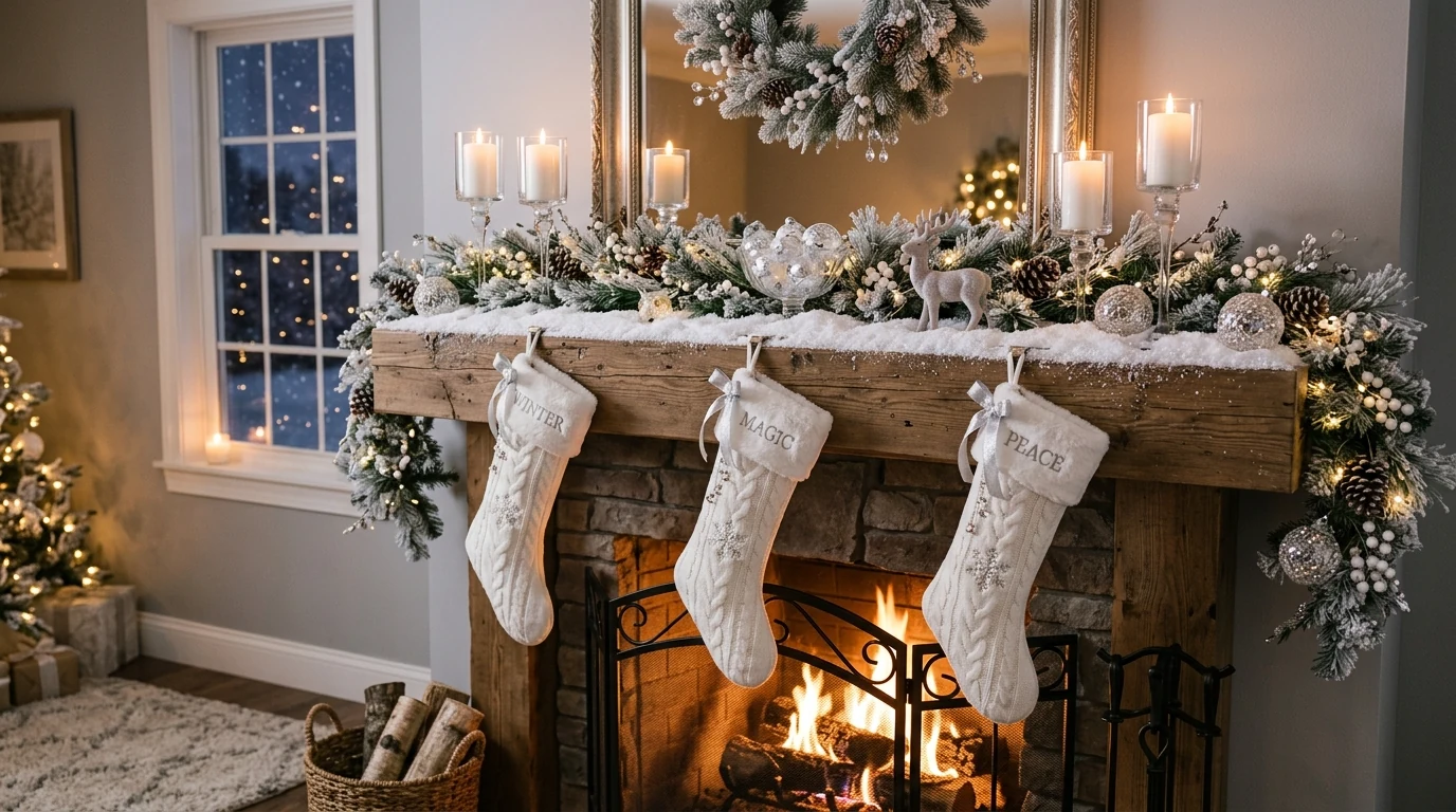 Silver and glass candle styling in a bright winter-themed interior.