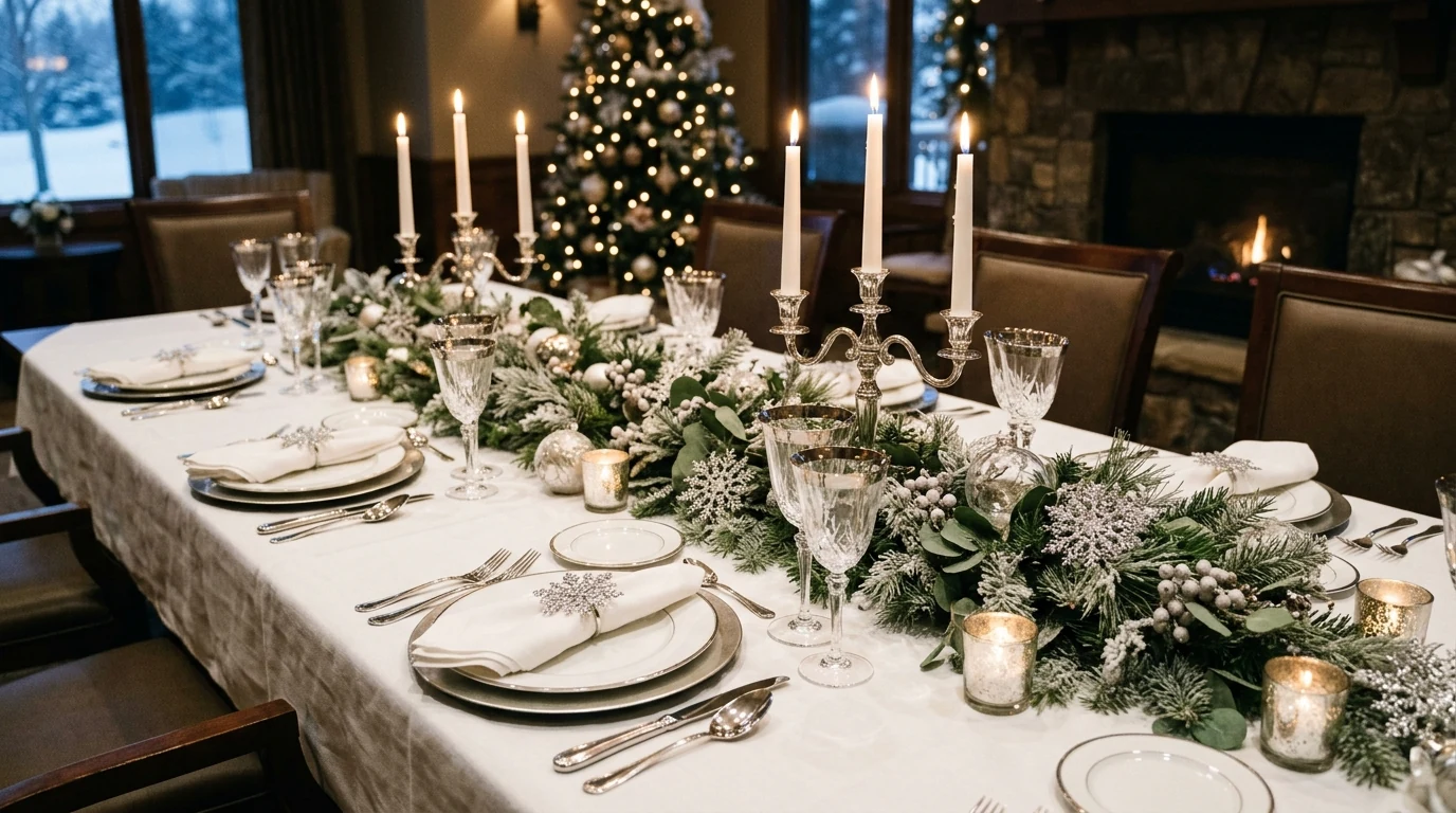 Winter wonderland window decorated with snowy details and twinkle lights.