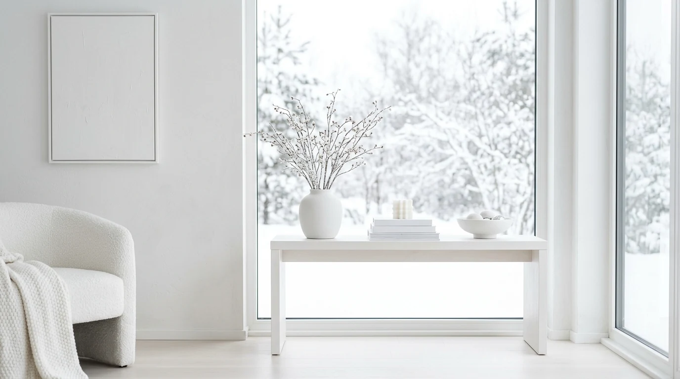White ceramic village display with faux snow in a winter-decorated room.