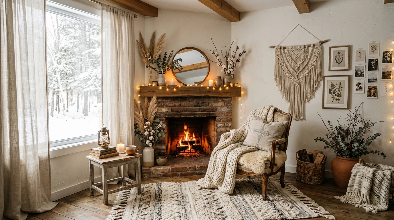 Winter decor styled with birch logs, pinecones, and snowy accents.