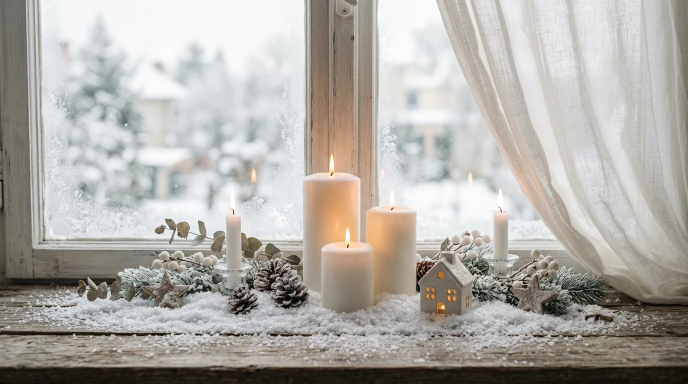 Cozy winter living room with faux fur accents and white seasonal styling.