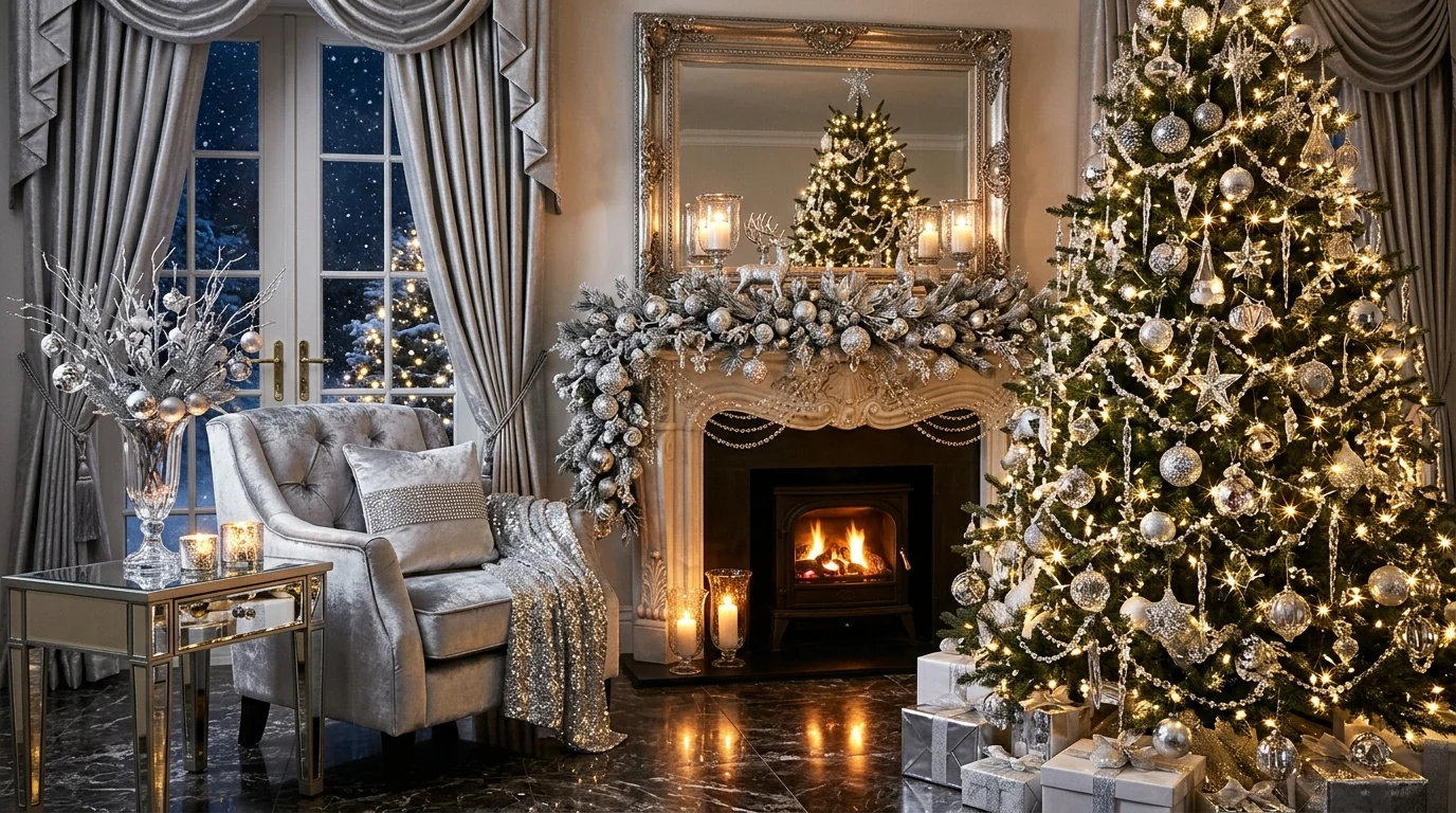 Lantern cluster filled with twinkle lights in a winter wonderland interior.