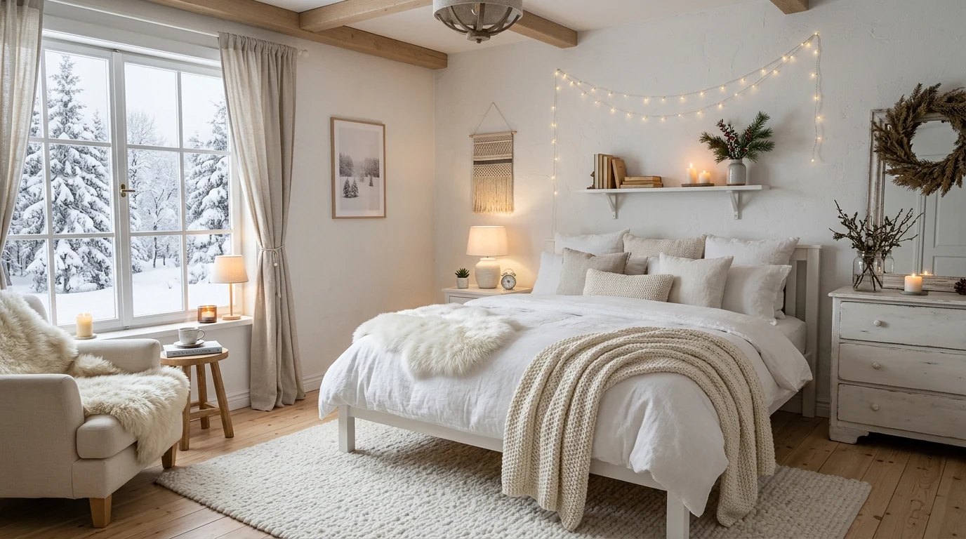 Staircase decorated with frosted garland and winter lights.