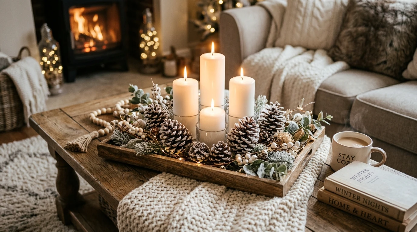 Neutral winter bedroom with white bedding, knit throws, and candlelight.