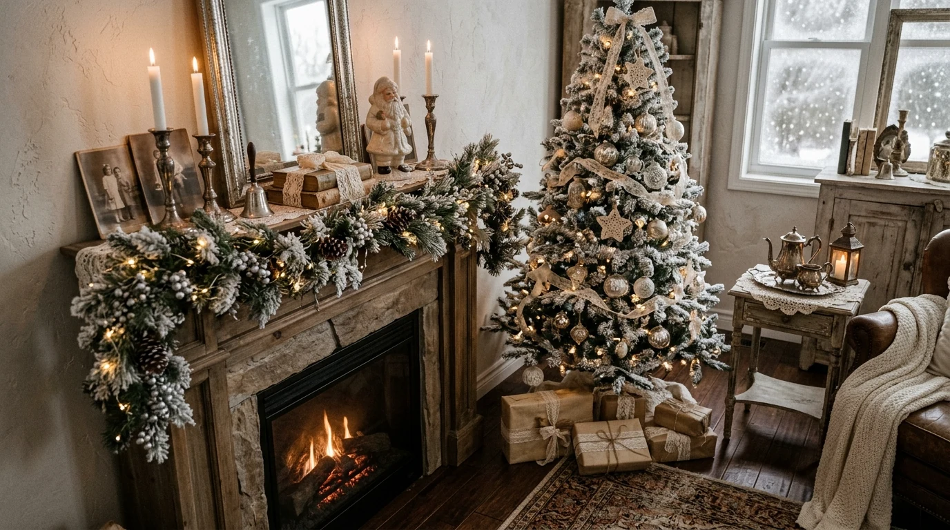 Mirrored winter decor styling with candles and reflective silver accents.