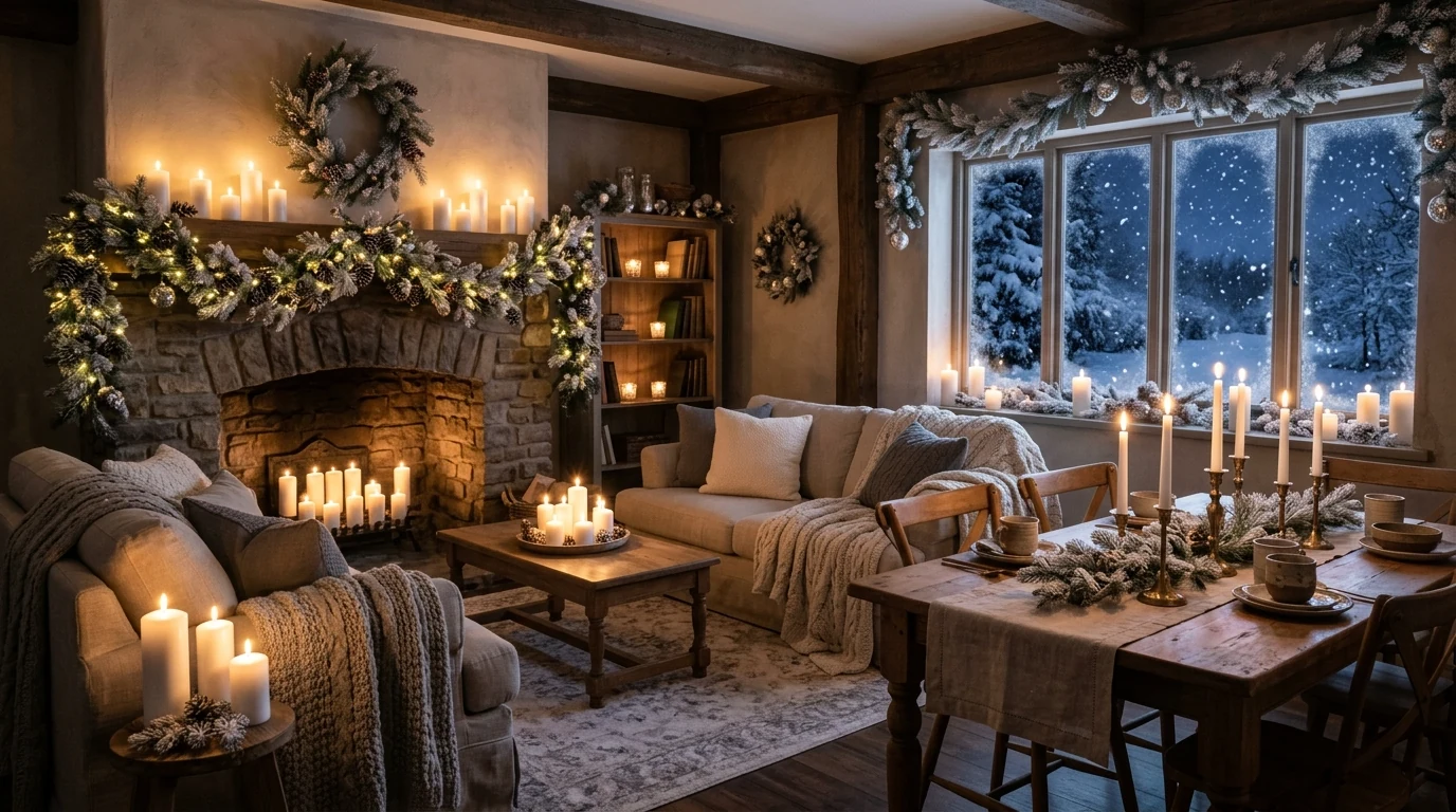 Winter wonderland entryway with white decor, silver accents, and soft lights.