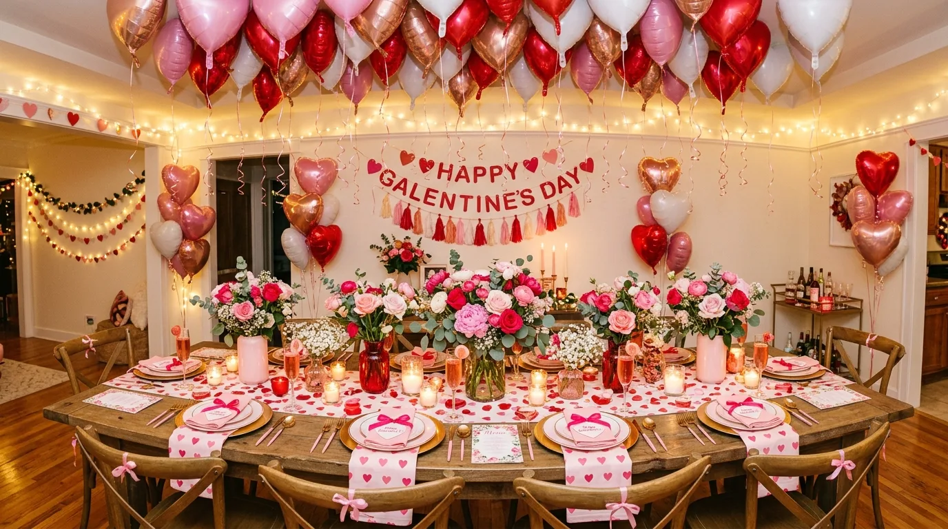 Galentines party with pink decor, candles, desserts, and a playful celebratory setup.
