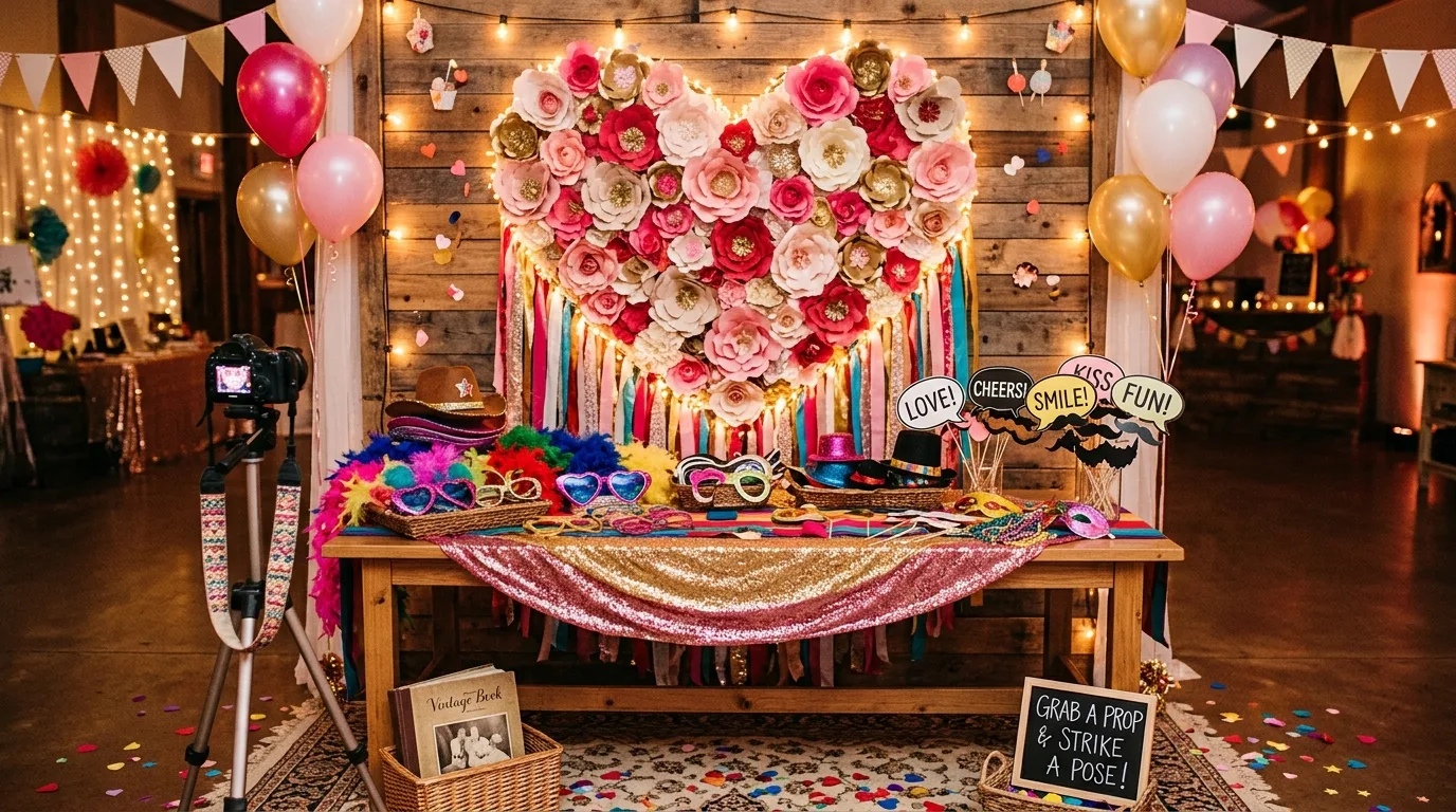 Galentines party backdrop with heart balloons and festive decor.