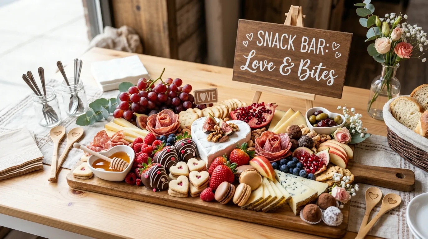 Galentines party photo corner with sign, drape, and themed styling.