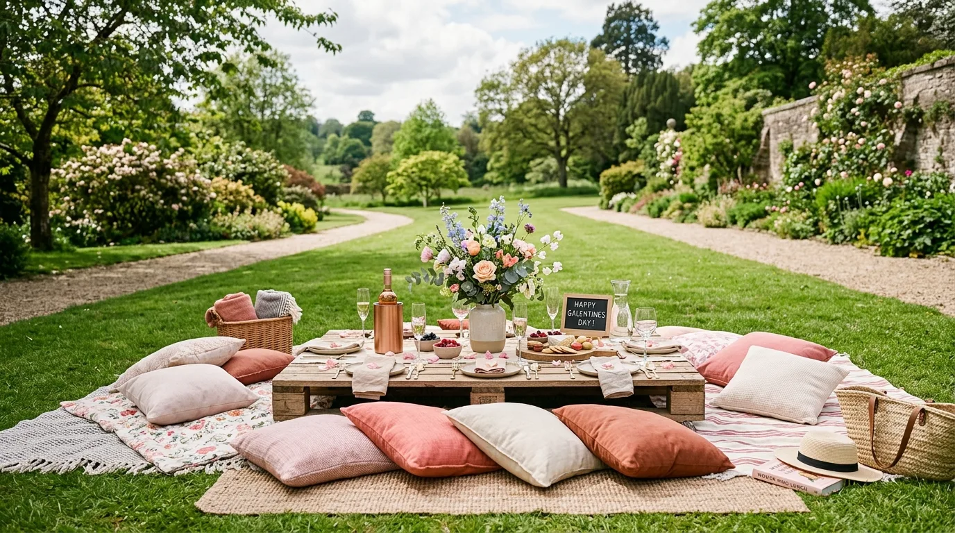 Galentines party card-making station with paper goods and decor.