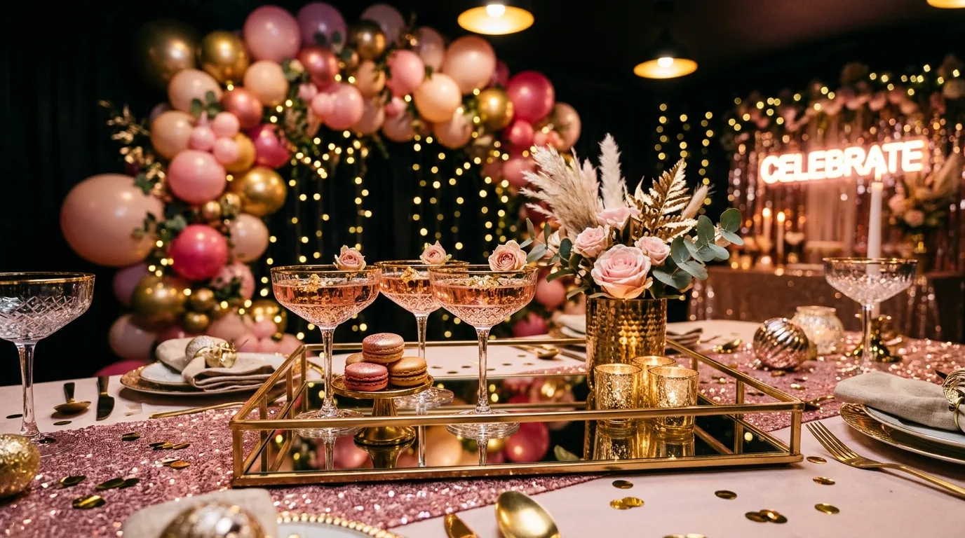 Galentines party favors arranged in a pretty table display.