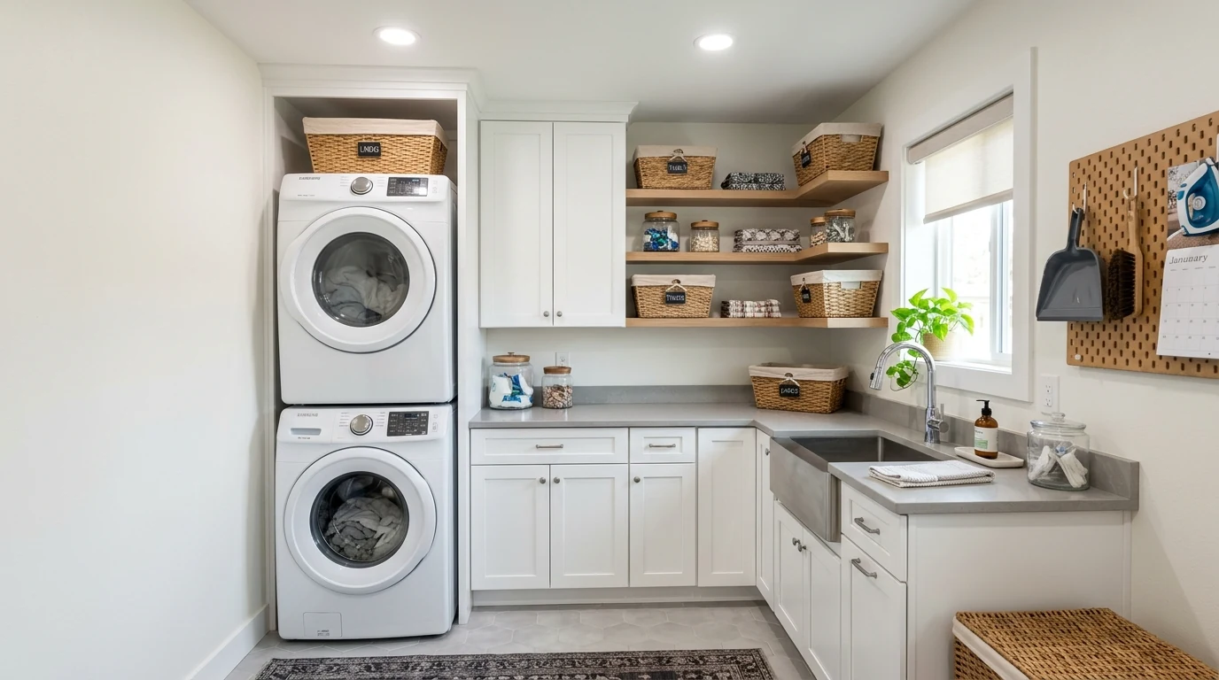 Functional stunning laundry room styled as a beautiful utility space.