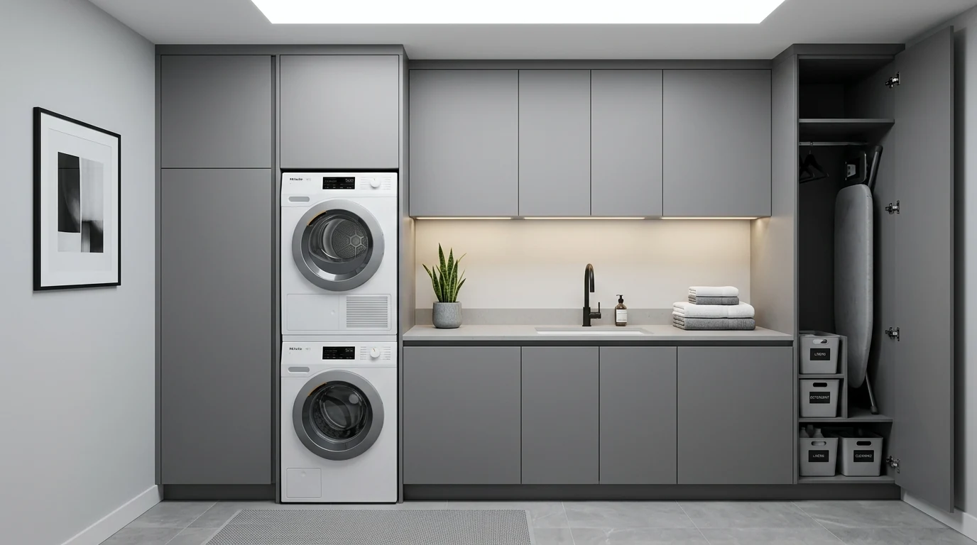 Stunning laundry room with warm wood cabinets and soft ambient lighting.