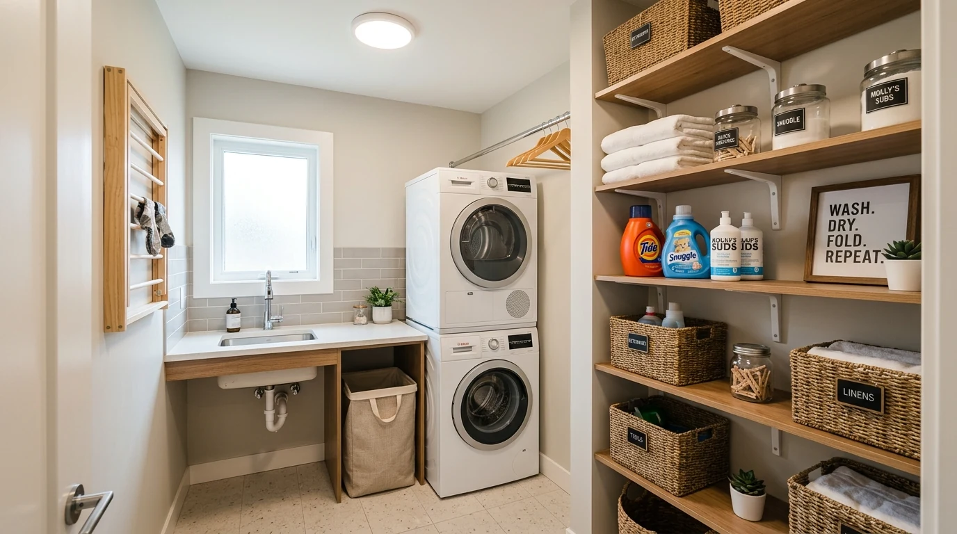 Functional small laundry room with stacked appliances and smart storage.