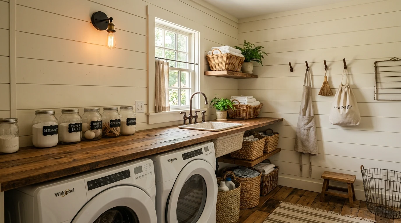 Laundry room with built-in hanging rail for functional utility use.