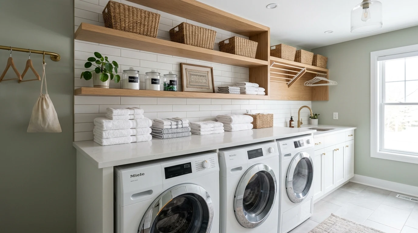 Organized laundry room with open shelves and labeled baskets.