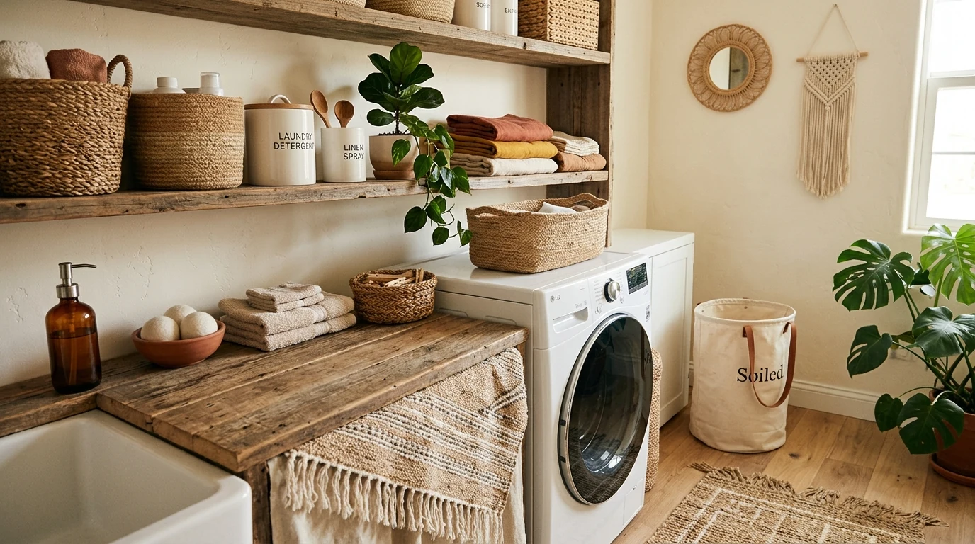 Stylish laundry room with patterned flooring and a polished utility layout.