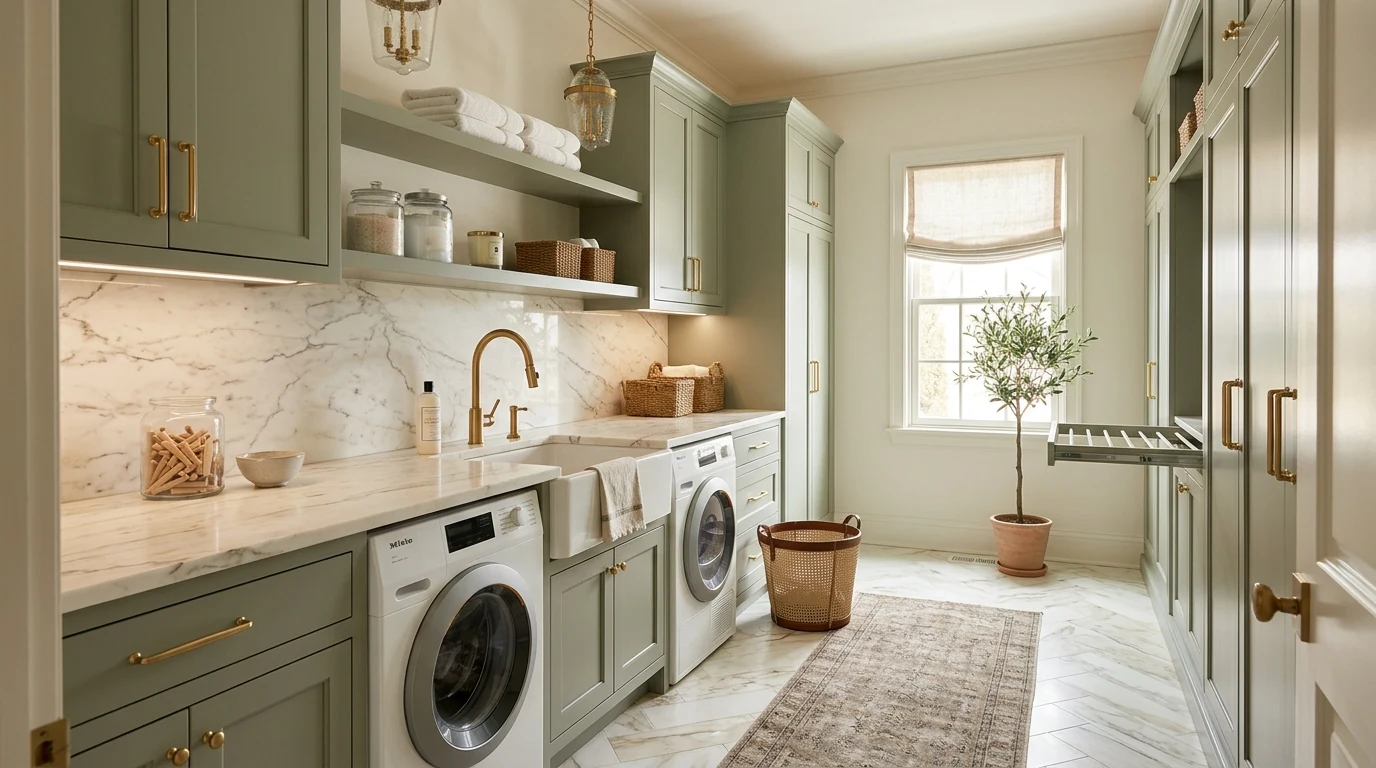 Combined laundry room and mudroom with functional storage and utility design.