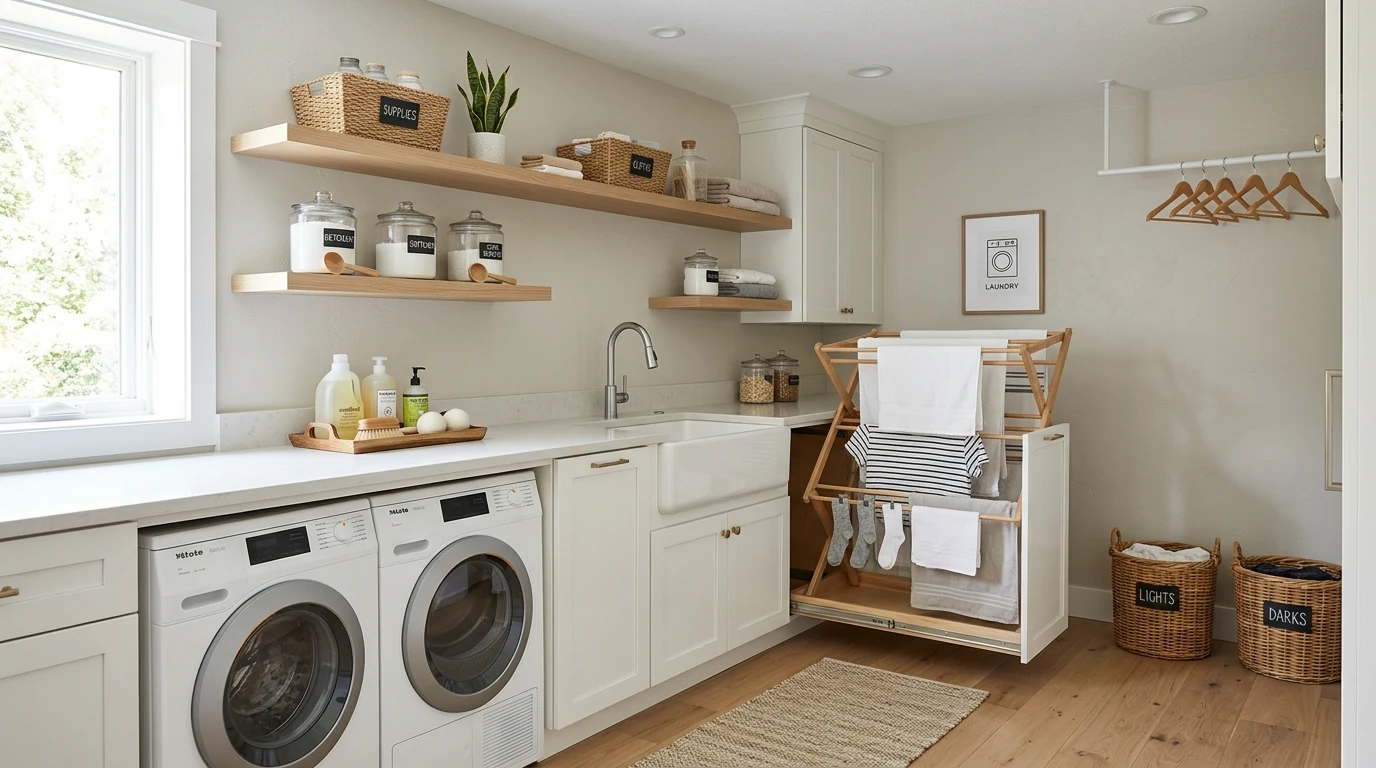 Beautiful utility laundry room with dark cabinets and brass accents.