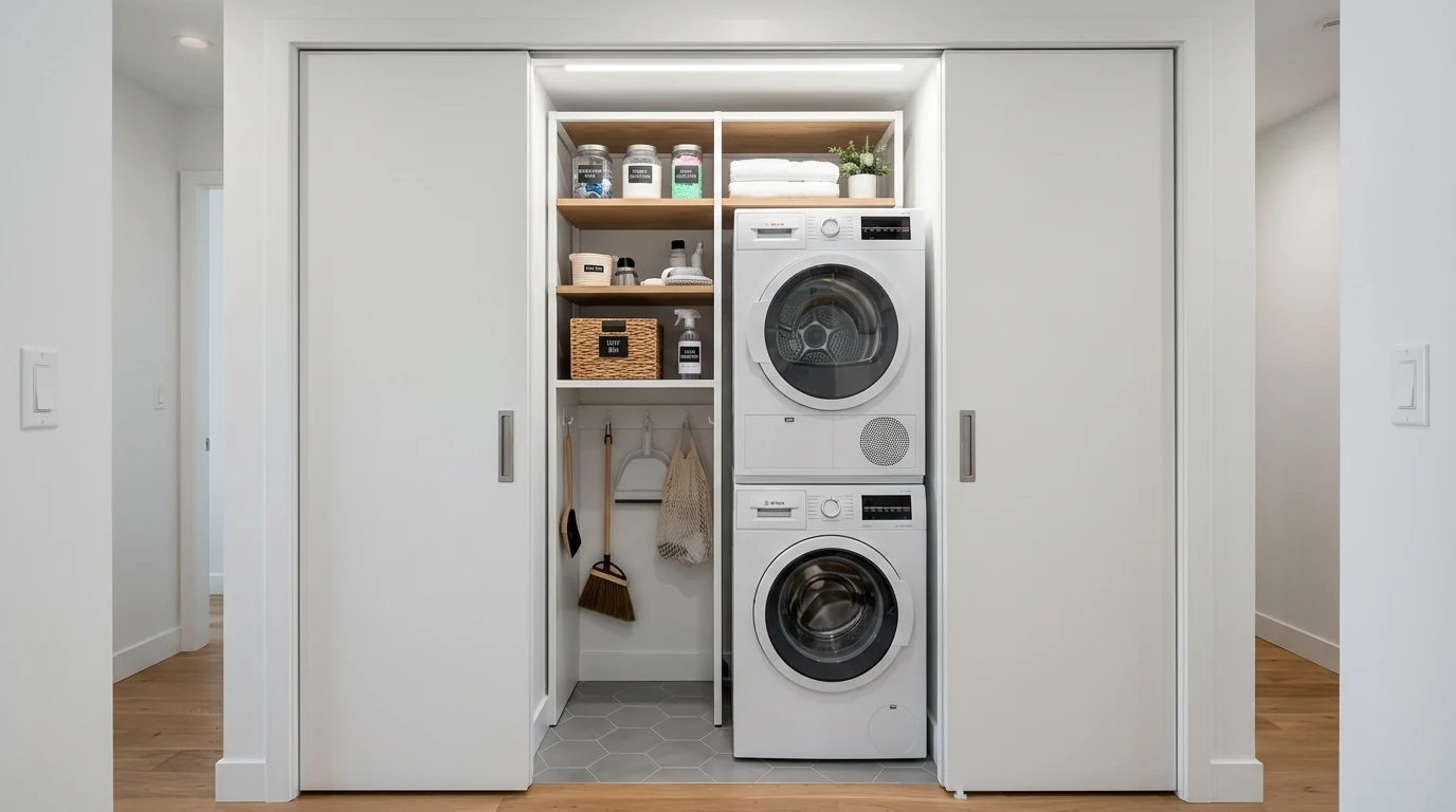 Laundry room with farmhouse sink and fresh floral styling.