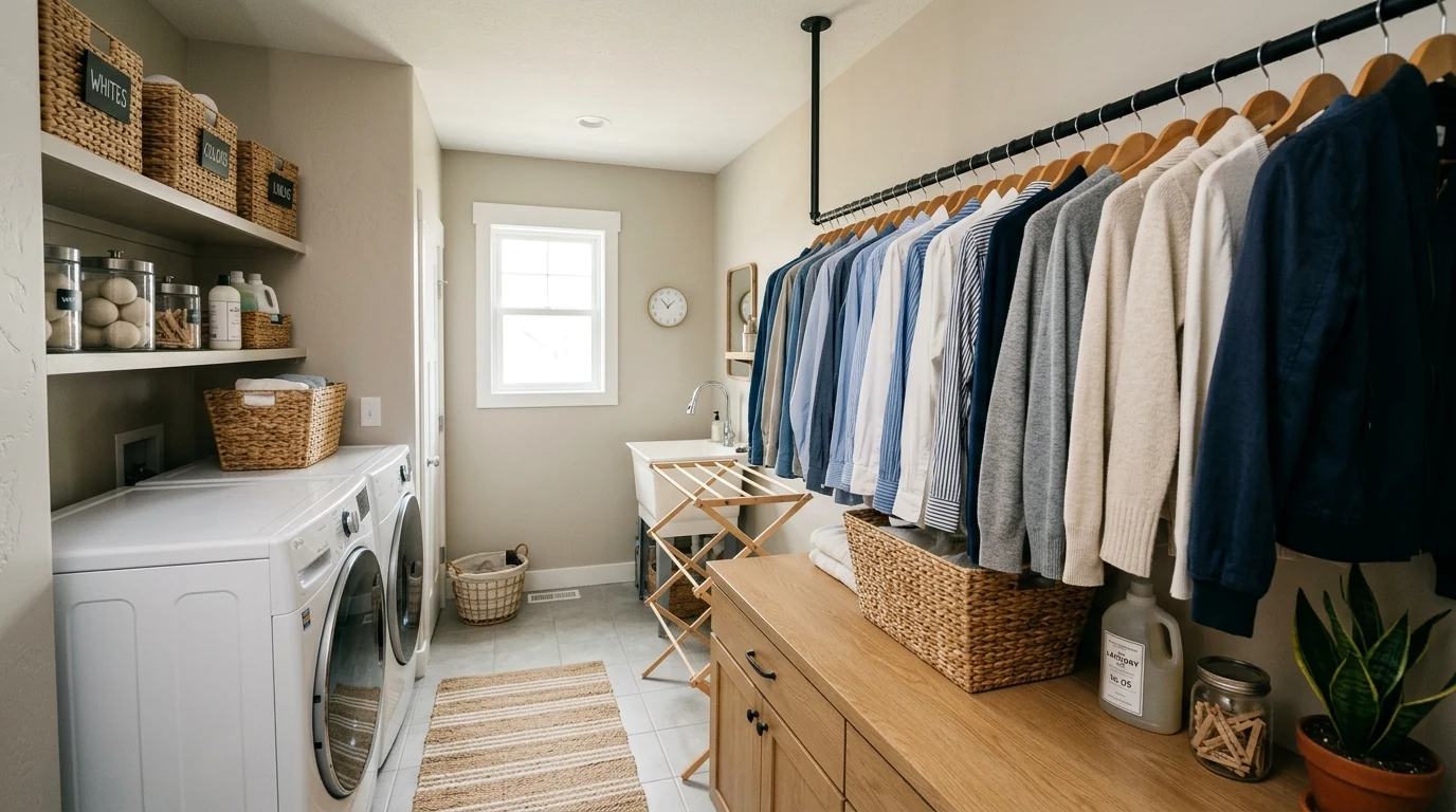 Compact laundry room with wallpaper accent and stylish utility design.