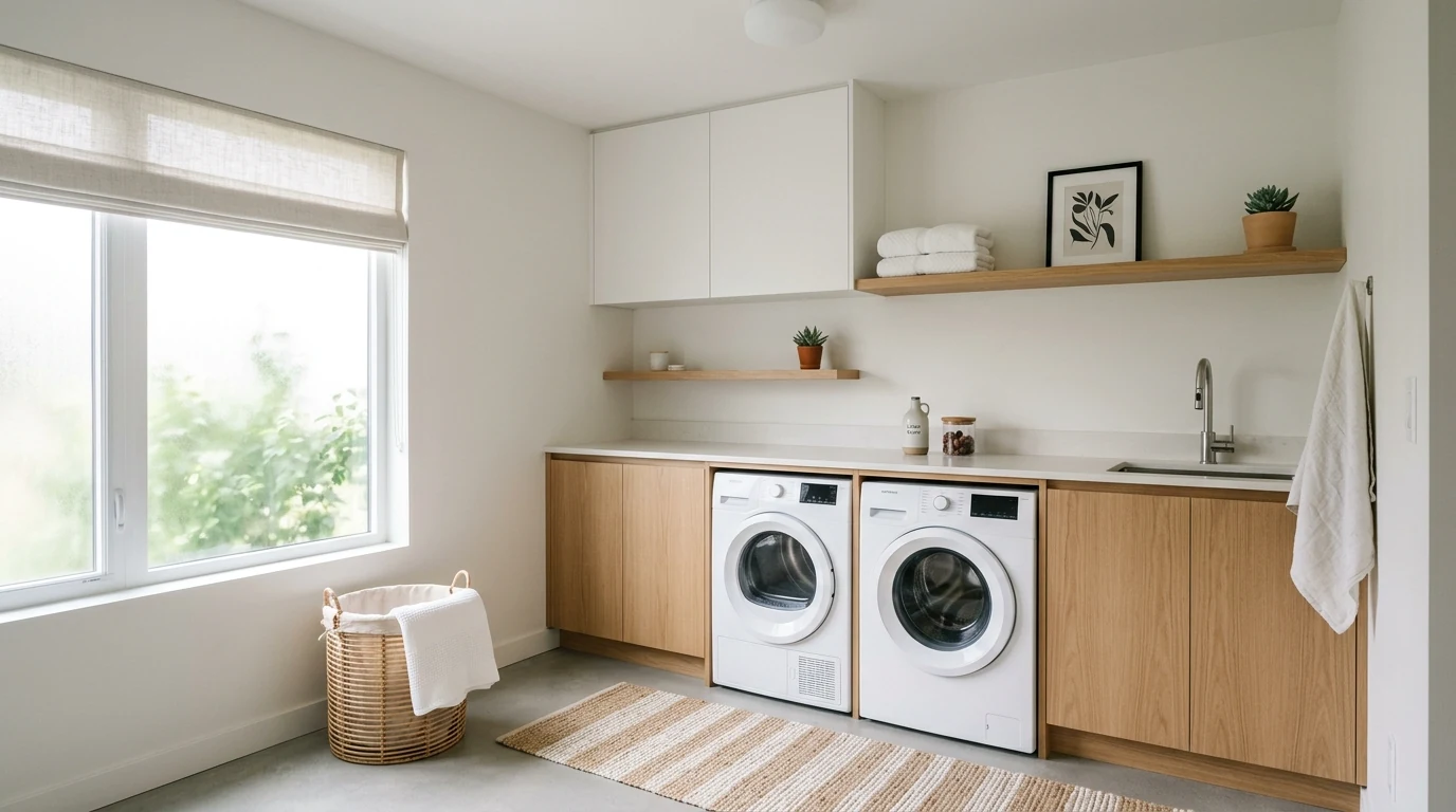 Functional laundry room with pull-out hampers and hidden storage.