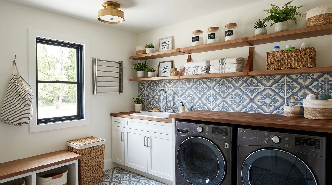 Laundry room with countertop over front-load machines for a built-in look.