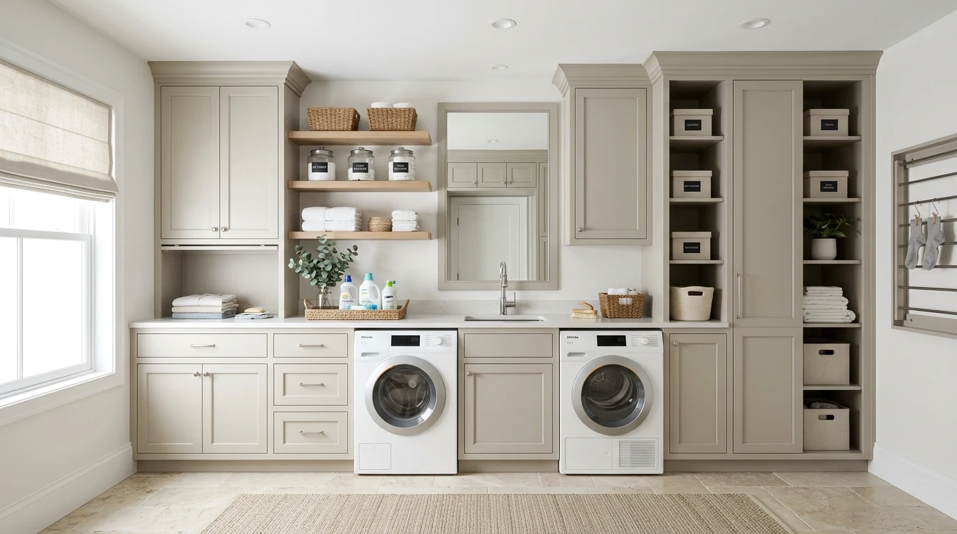 Coastal-inspired laundry room with soft blue cabinets and airy style.