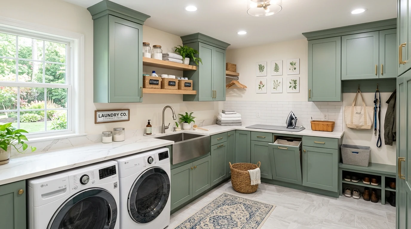 Stunning fully styled laundry room designed as a beautiful utility space.
