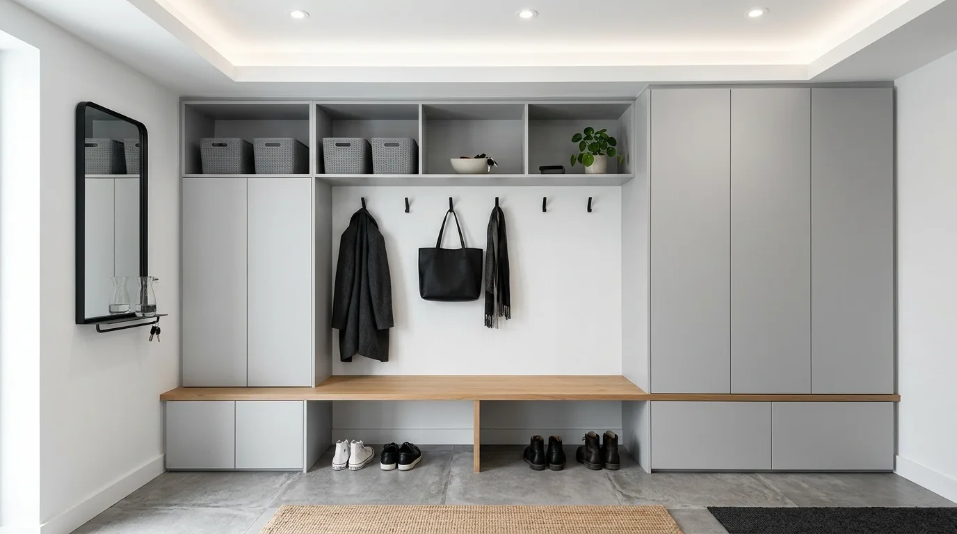 Mudroom bench with hidden storage and organized family entryway styling.