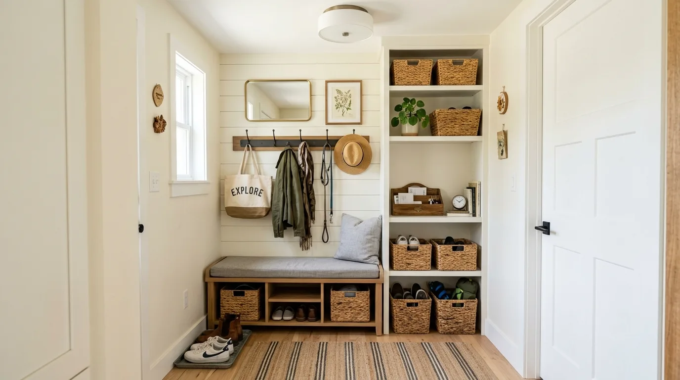 Mudroom wall with hooks at multiple heights for family use.