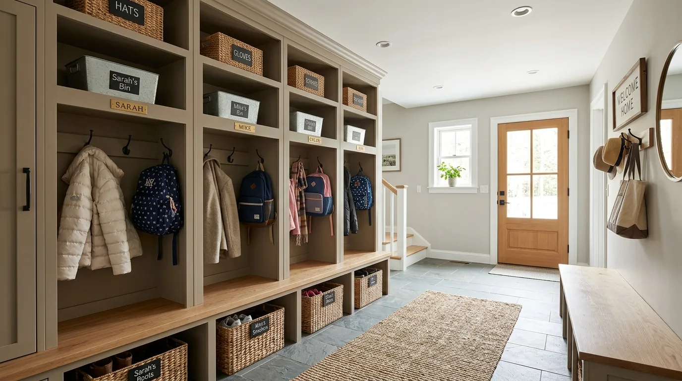 Functional mudroom with durable tile flooring and neat storage.