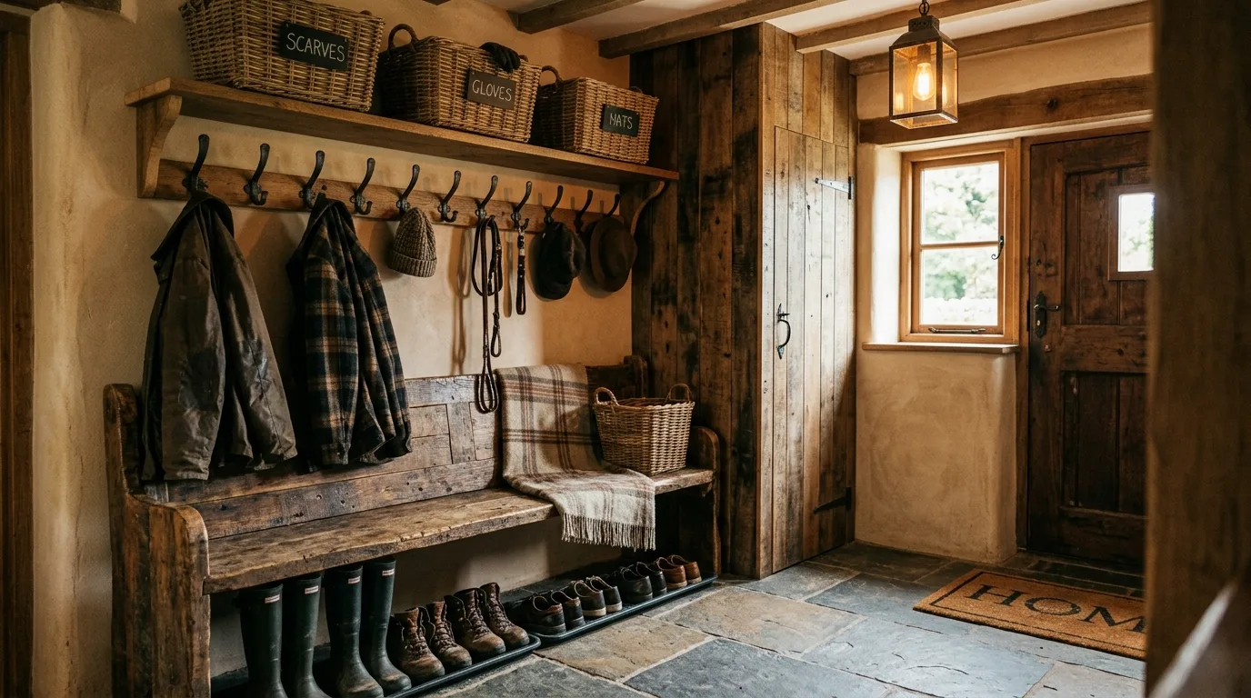 Mudroom organization with labeled baskets and family storage.