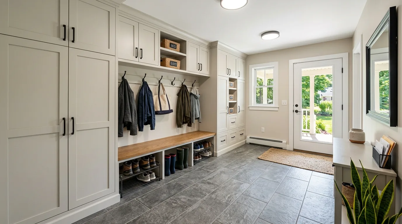 Stylish mudroom combining open hooks with closed cabinetry.
