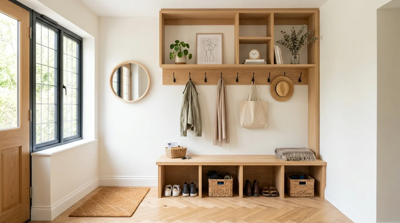 Mudroom with warm wood bench and cabinetry details.