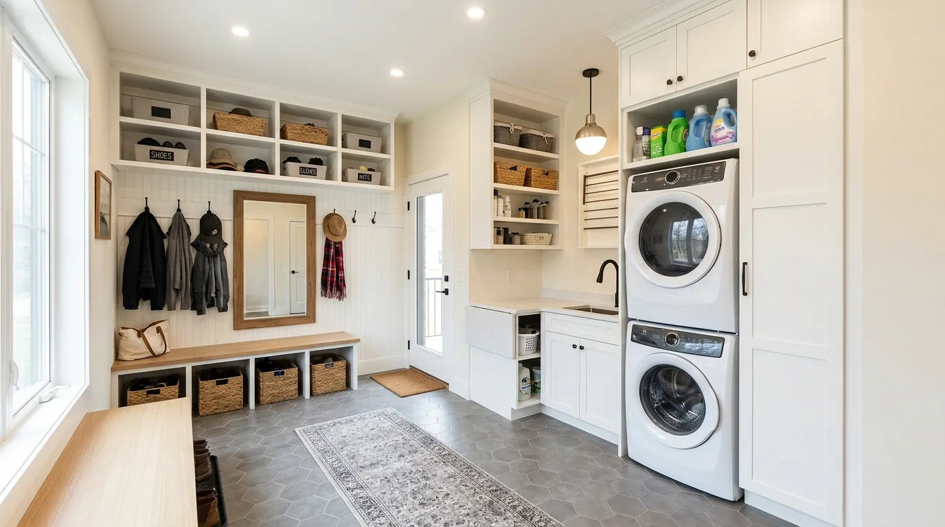 Mudroom with decorative wall paneling, hooks, and bench seating.