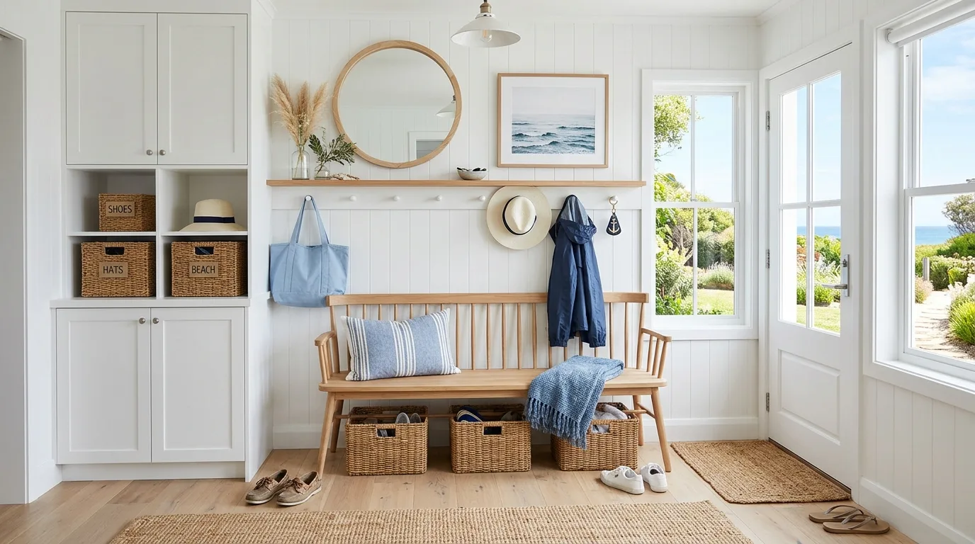 Narrow entry mudroom with slim bench and vertical wall storage.