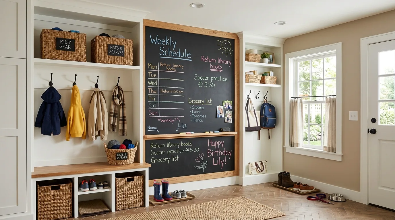 Combined mudroom and laundry area with practical family storage.