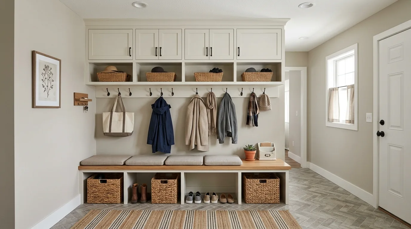 Mudroom shoe storage with baskets lined neatly below a bench.