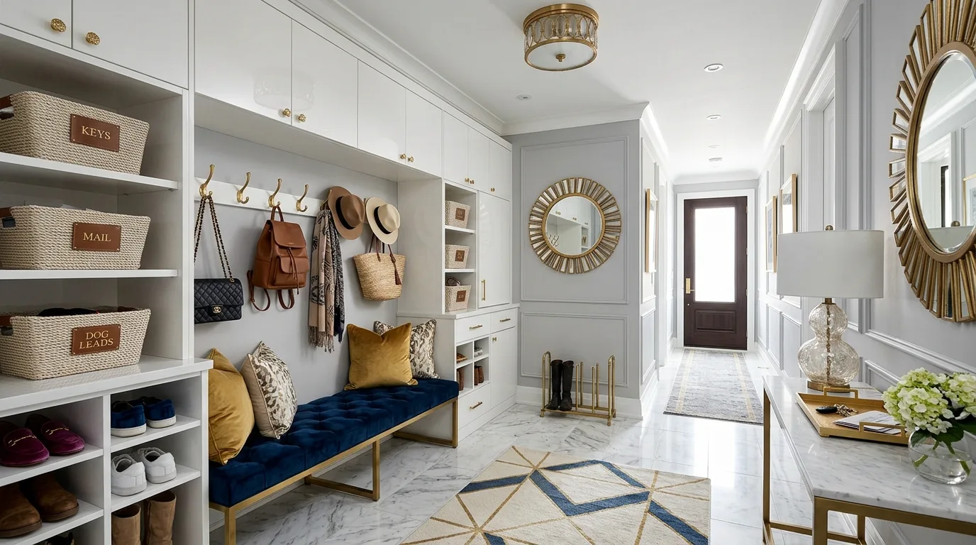 Dark-painted mudroom with organized hooks, bench, and storage.
