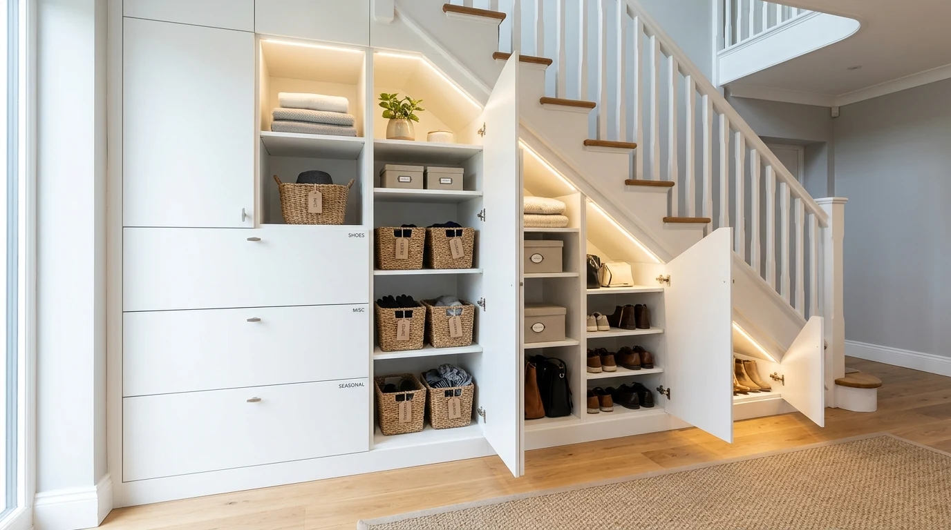 Functional under-the-stairs storage idea blending style and practicality.