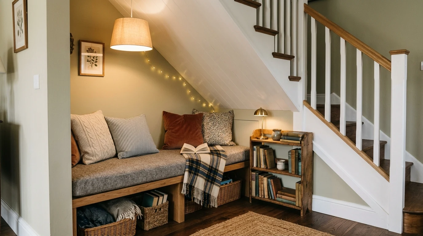 Under-stairs storage with closed drawers integrated into the staircase wall.