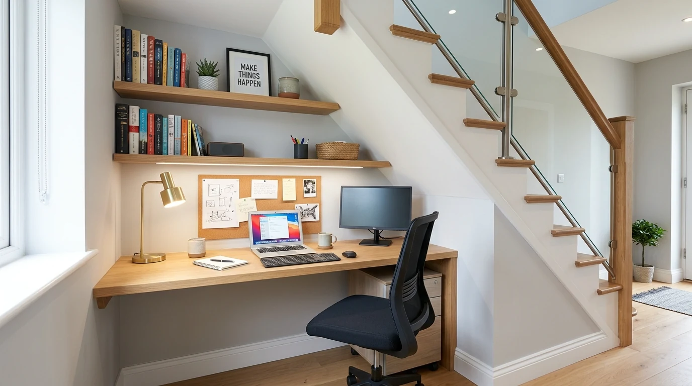Cozy reading nook created under the stairs with a bench and soft lighting.