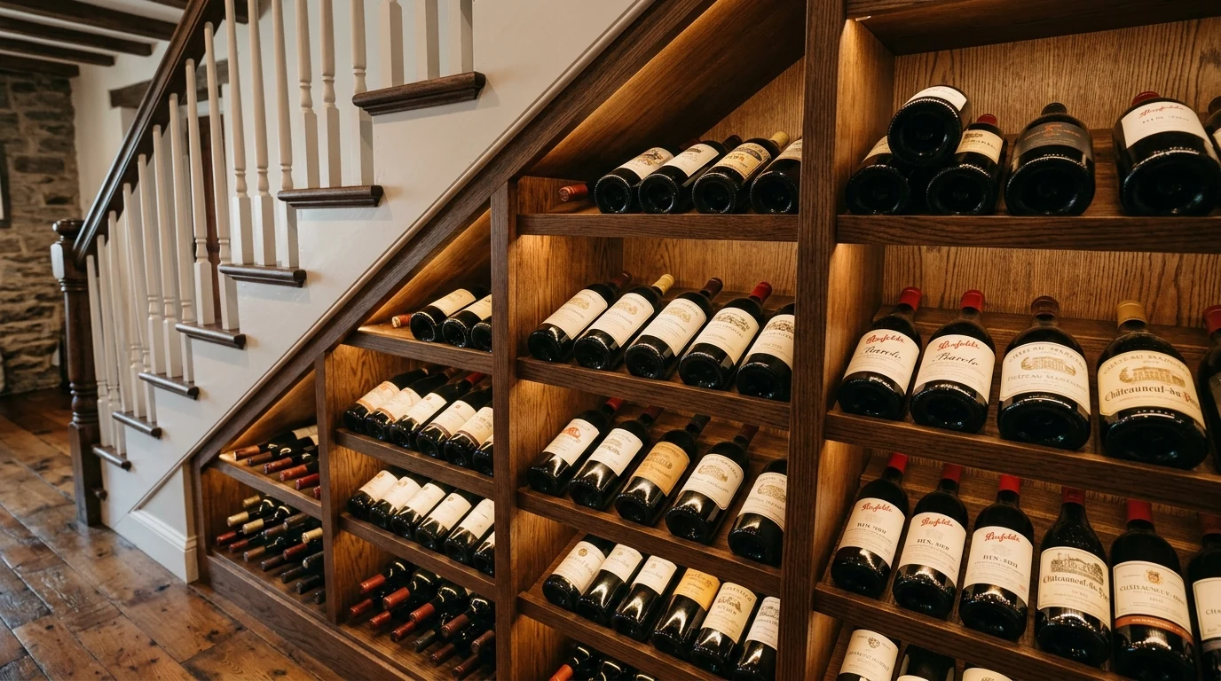 Mini mudroom with hooks and storage cubbies under a staircase.