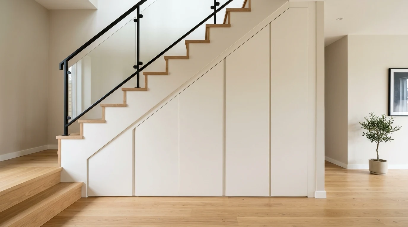 Small home office desk setup cleverly installed under a staircase.
