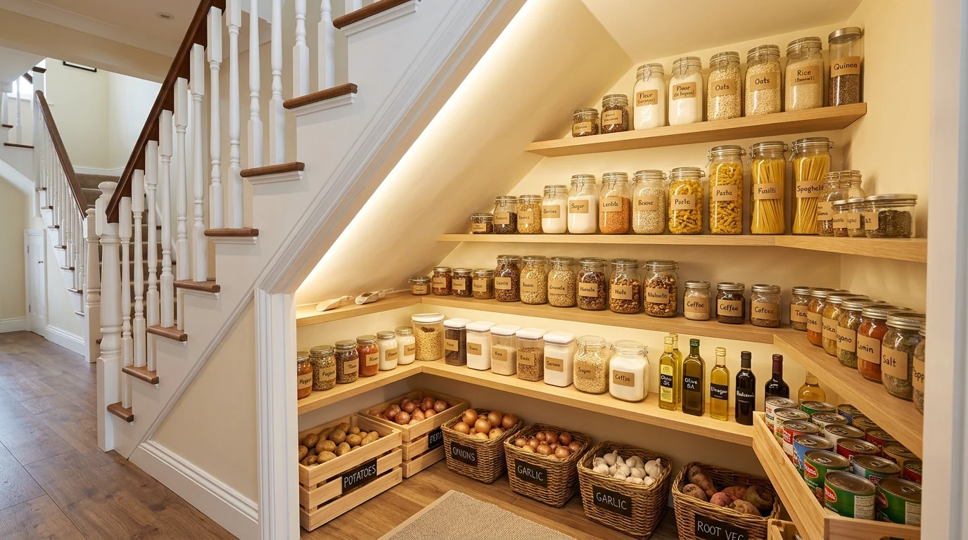 Kitchen-adjacent pantry storage built under a staircase with organized cabinets.