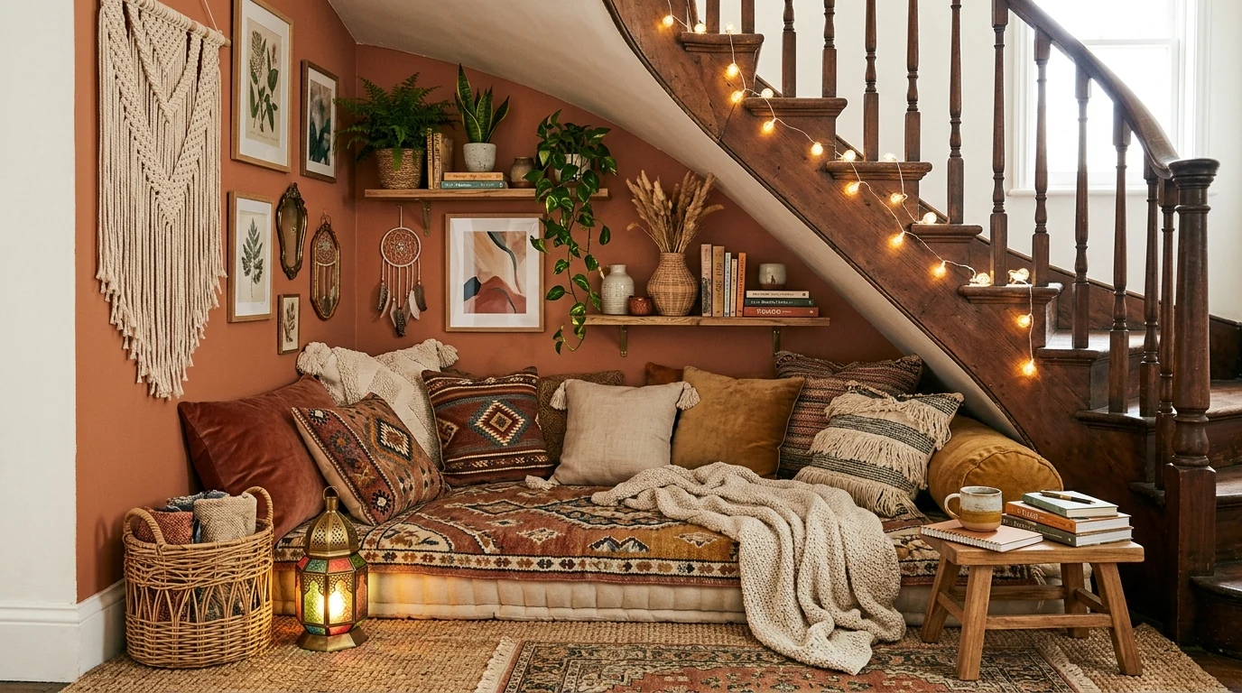 Stylish pet area created beneath a staircase with built-in bedding and storage.