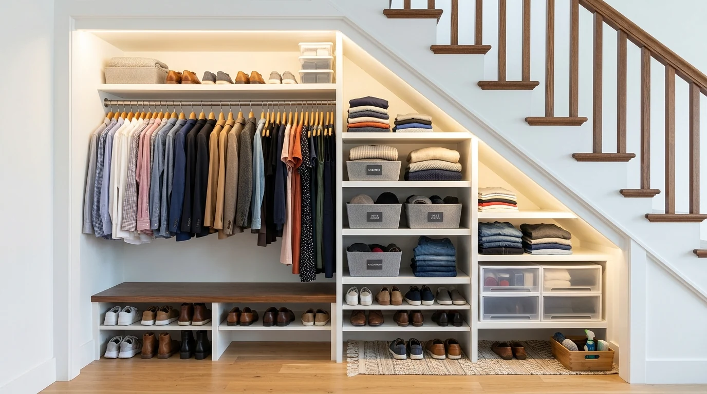 Under-stair open shelving used for baskets, books, and display decor.
