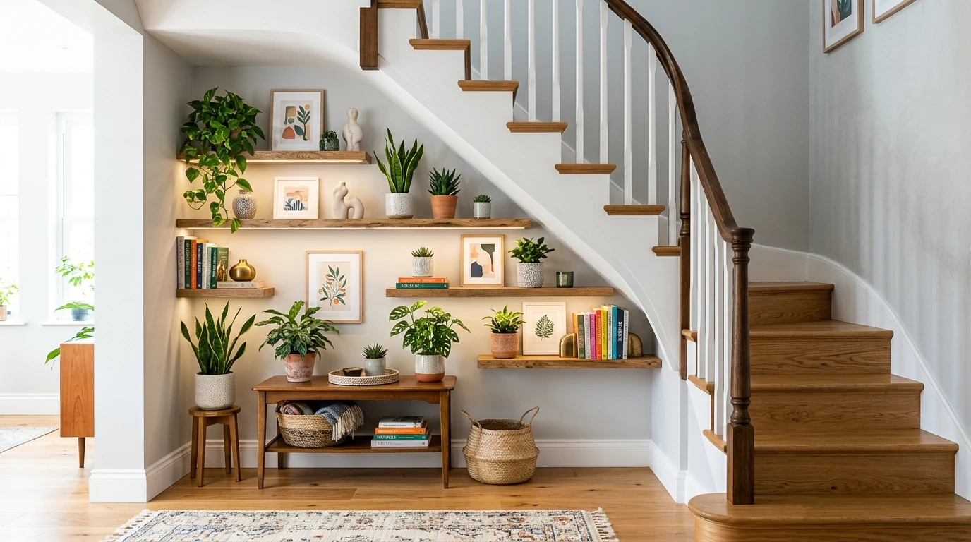 Under-stair bench with woven basket storage and soft cushions.