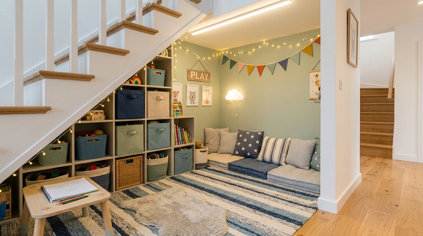 Compact powder room creatively fitted under a staircase with stylish finishes.
